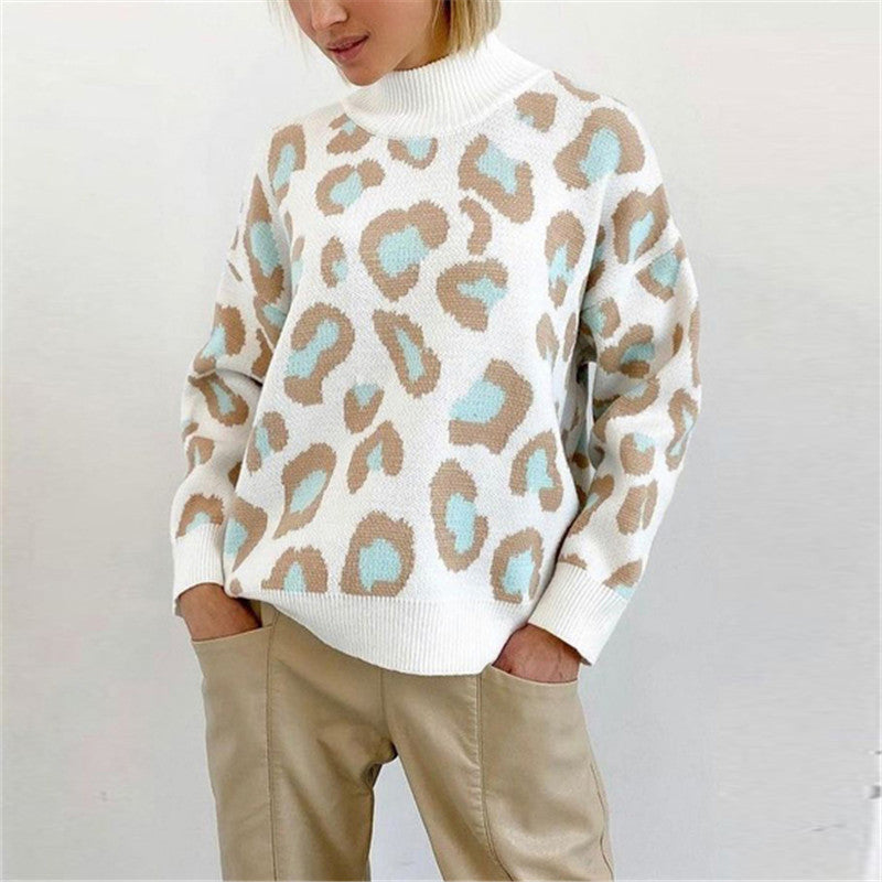 Damen Oversize Rollkragenpullover mit Leo-Jacquard und Rippbündchen EB