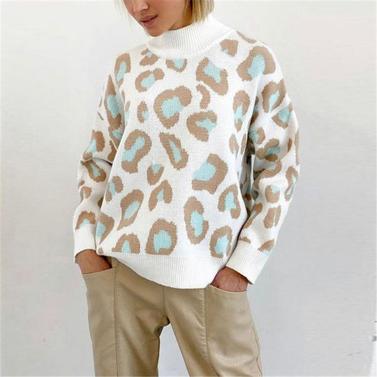 Damen Oversize Rollkragenpullover mit Leo-Jacquard und Rippbündchen EB