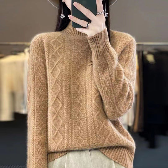 Damen Hochwertiger Strickpullover mit Stehkragen und Zopfdesign EB