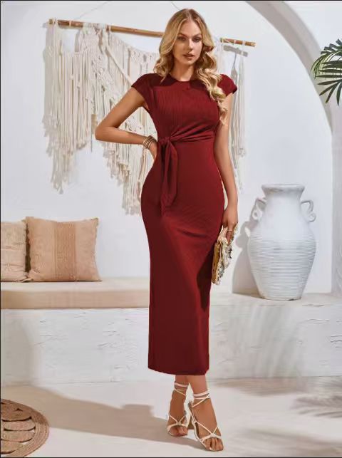 Damen elegantes Maxikleid mit innovativer Raffung und Taillengürtel EB