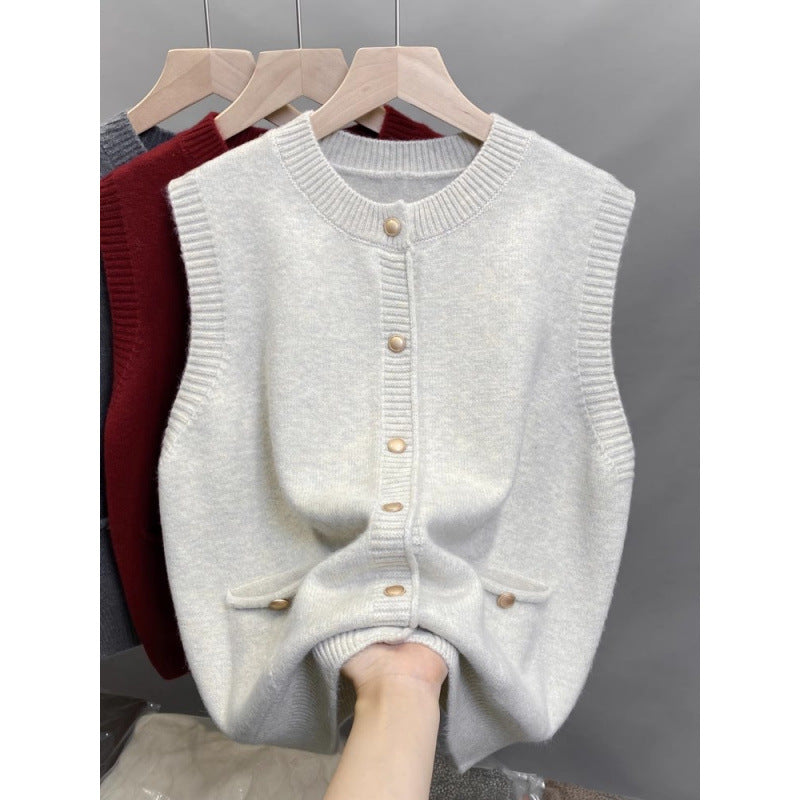 Damen Strickweste mit Knopfdetails und seitlichen Taschen EB