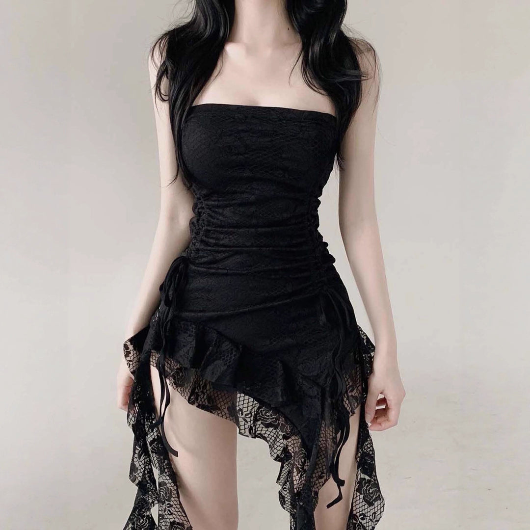 Damen Bodycon Kleid mit raffiniertem Rüschensaum und zusätzlichem Spitzenbesatz EB