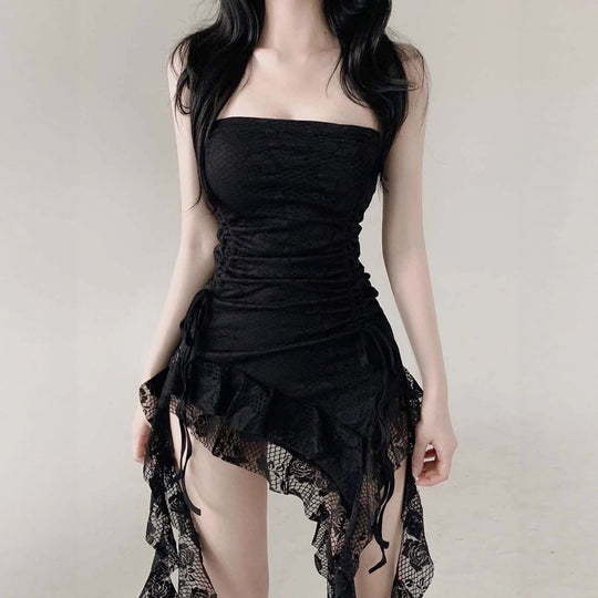 Damen Bodycon Kleid mit raffiniertem Rüschensaum und zusätzlichem Spitzenbesatz EB