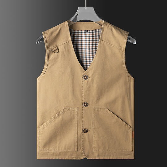 Herren Leichte Baumwoll‑Canvas Weste mit kariertem Innenfutter, V‑Ausschnitt und großen Fronttaschen EB