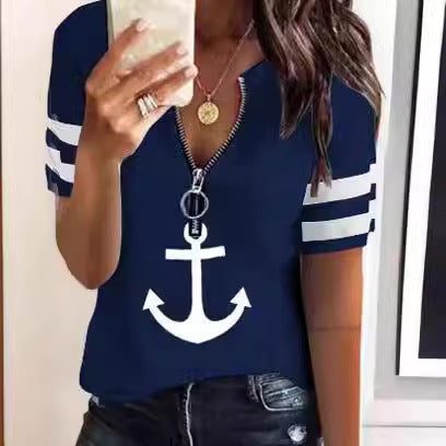 Damen maritim inspirierter Kurzarm Pullover mit Reißverschluss und Anker-Motiv EB