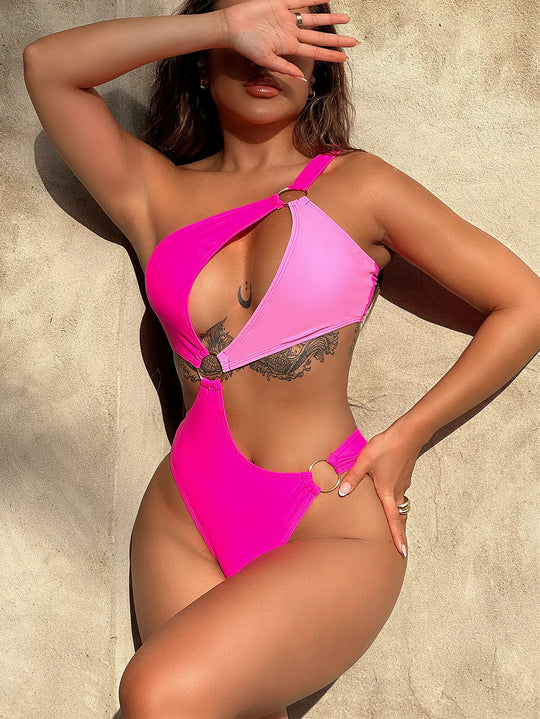 Damen asymmetrischer Cut-Out Badeanzug mit modischen Ringen EB