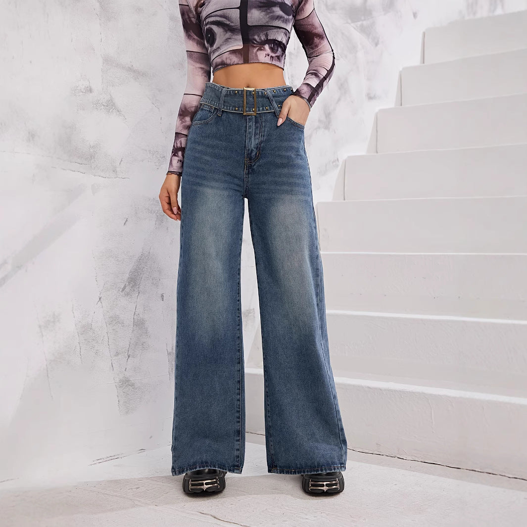 Damen Weite Denim-Hose mit hoch tailliertem Bund und modischen Schnallen EB