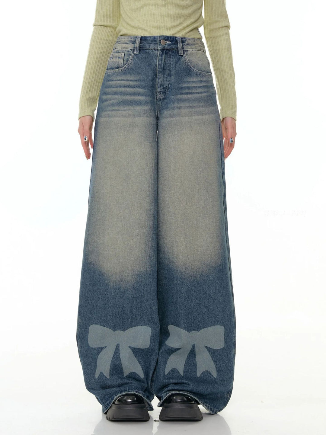 Damen nan hochtaillierte Palazzohose aus Denim mit extra weitem Bein und Schleifenprint EB