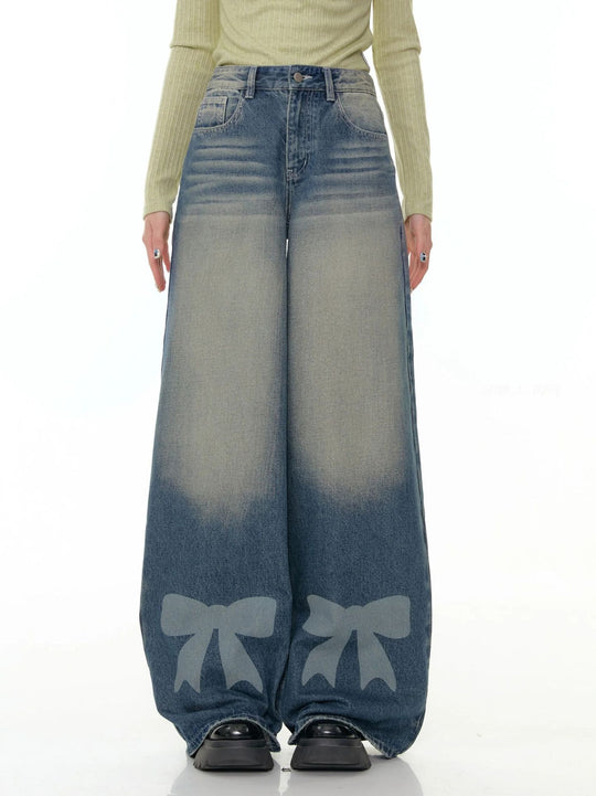 Damen nan hochtaillierte Palazzohose aus Denim mit extra weitem Bein und Schleifenprint EB