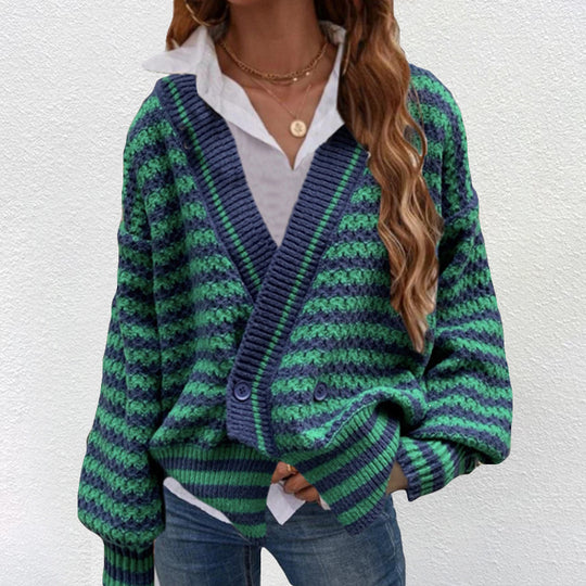 Damen Grobstrick Cardigan mit V-Ausschnitt und modernen Streifen EB