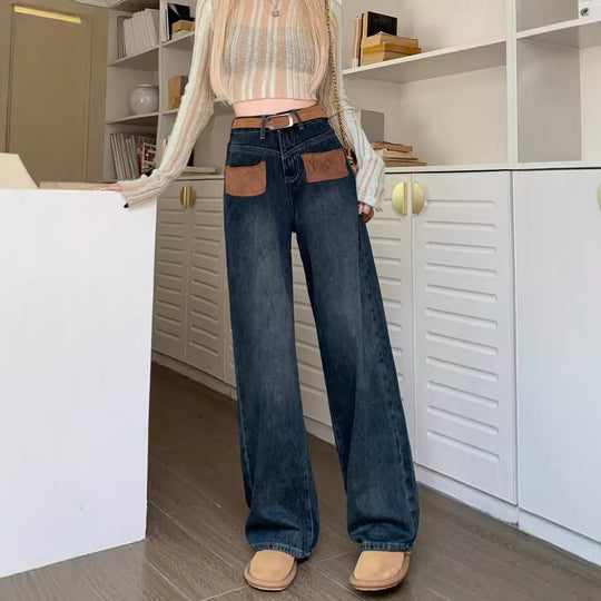 Damen Weite Jeanshose mit modischen Taschen und hohem Bund EB