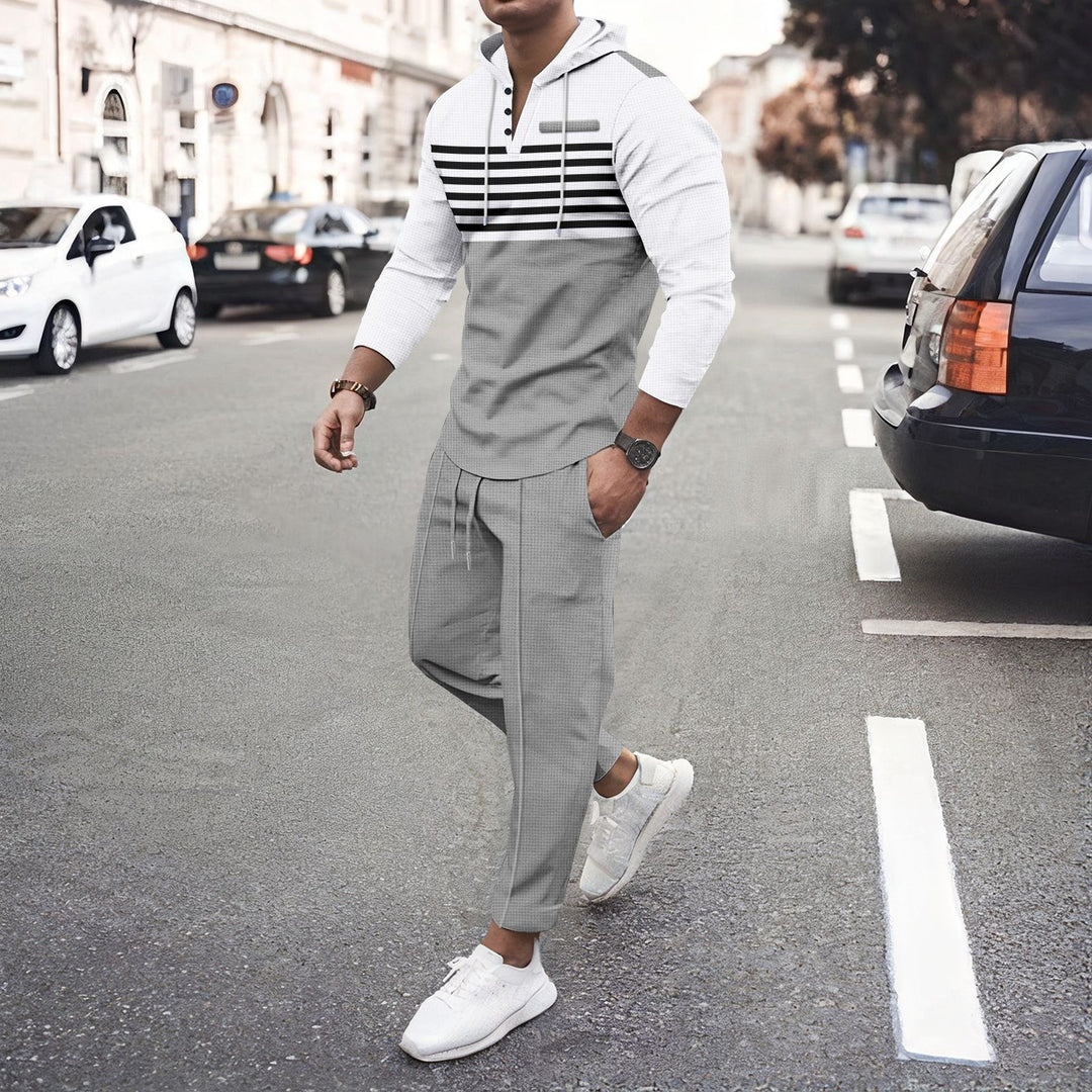 Herren nan Henley-Kapuzen-Lounge-Set mit Streifenpasse, Halbknopfleiste und konischer Jogginghose EB