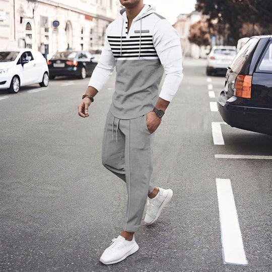 Herren nan Henley-Kapuzen-Lounge-Set mit Streifenpasse, Halbknopfleiste und konischer Jogginghose EB