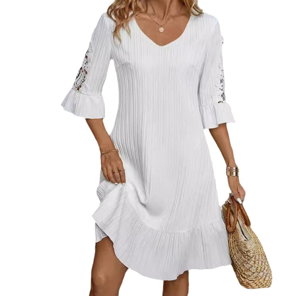 Damen Kurzarm Kleid mit voluminösem Saum und Spitzenärmeln Heidi-Mode