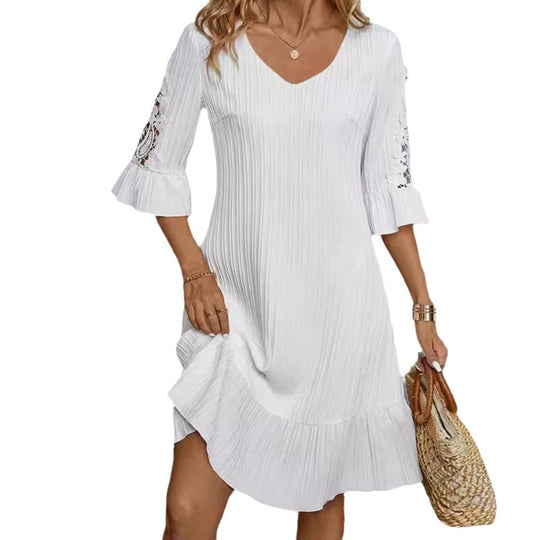 Damen Kurzarm Kleid mit voluminösem Saum und Spitzenärmeln Heidi-Mode