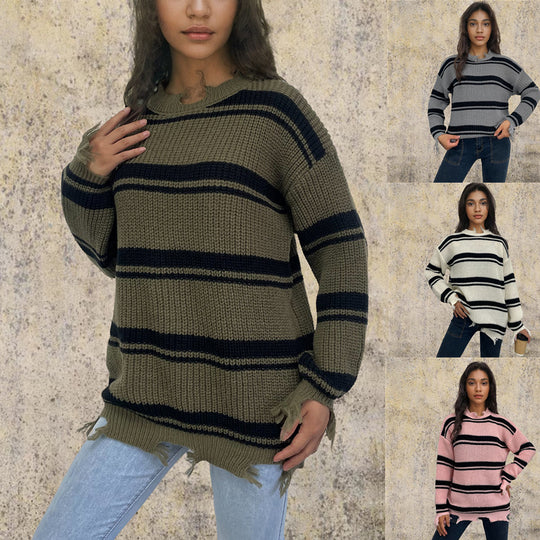 Damen lässiger Strickpullover mit Boho-Details und Fransen EB