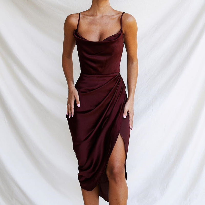 Damen Elegantes und figurbetontes Satin-Cocktailkleid mit hohem Schlitz EB