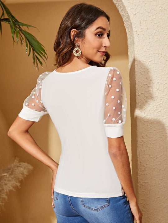 Damen Elegantes Oberteil mit transparenten Puffärmeln und Punkten EB