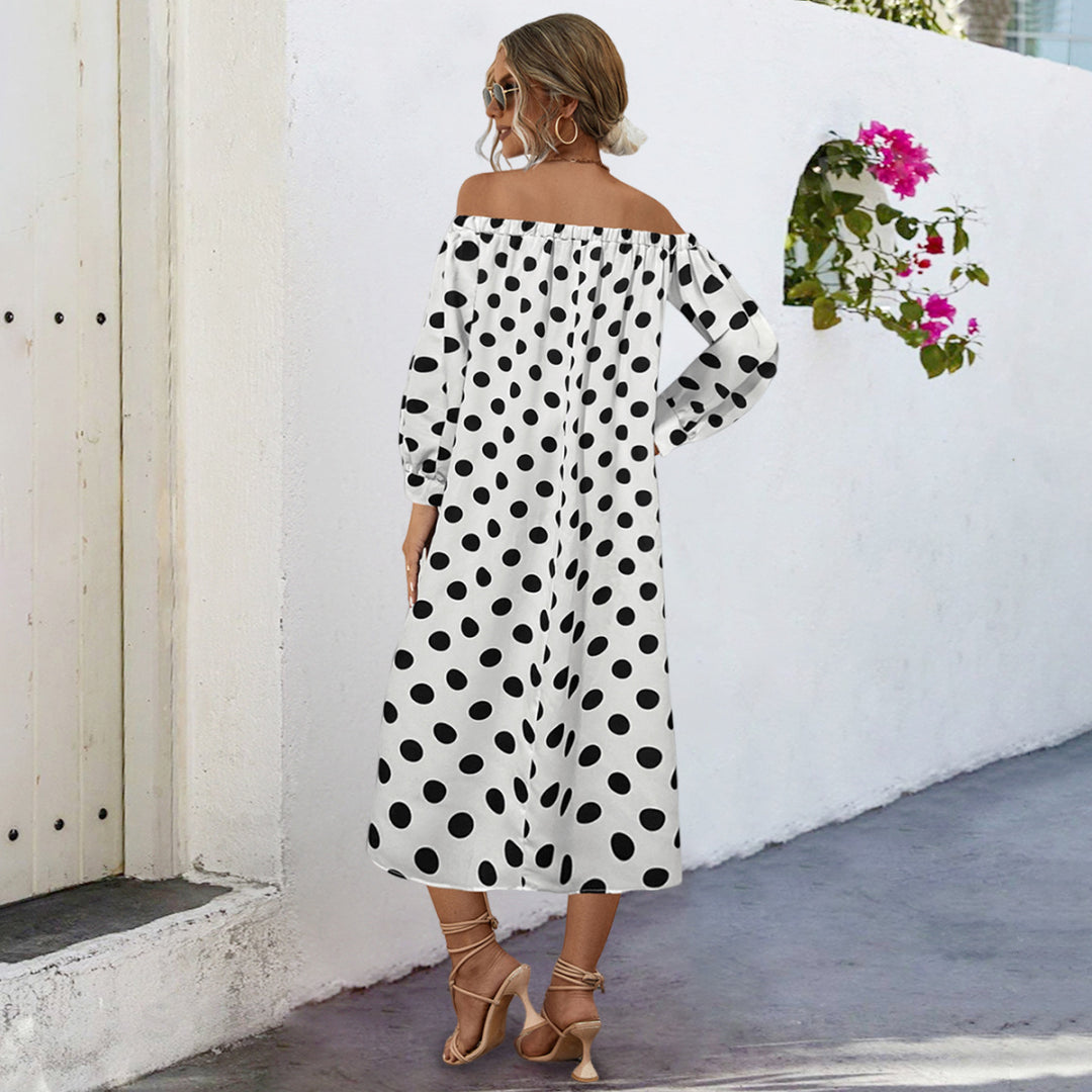 Damen Off-Shoulder Maxikleid mit Polka-Dots und elastischem Bund EB