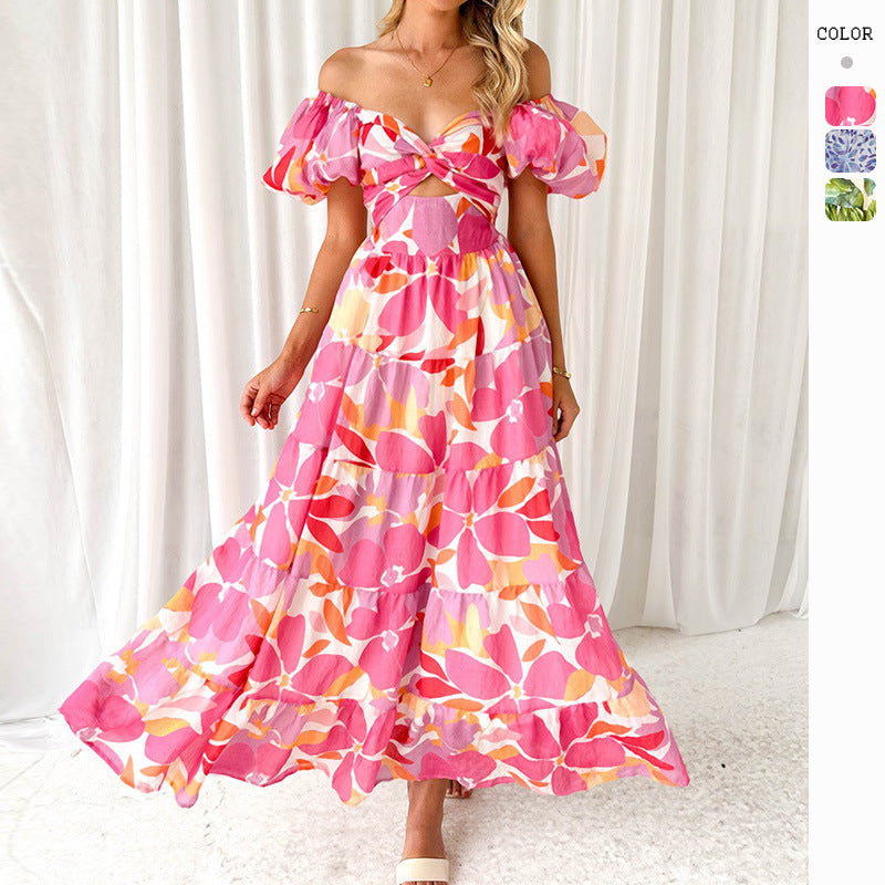 Damen Maxikleid mit voluminösen Puffärmeln und floralem Muster EB