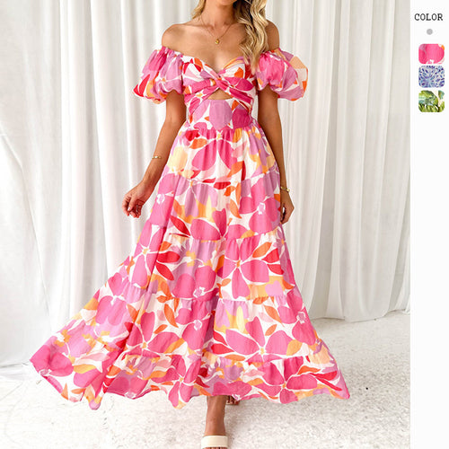 Damen Maxikleid mit voluminösen Puffärmeln und floralem Muster EB