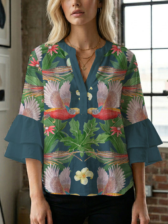 Damen Bluse mit voluminösen Ärmeln und floralem Design EB
