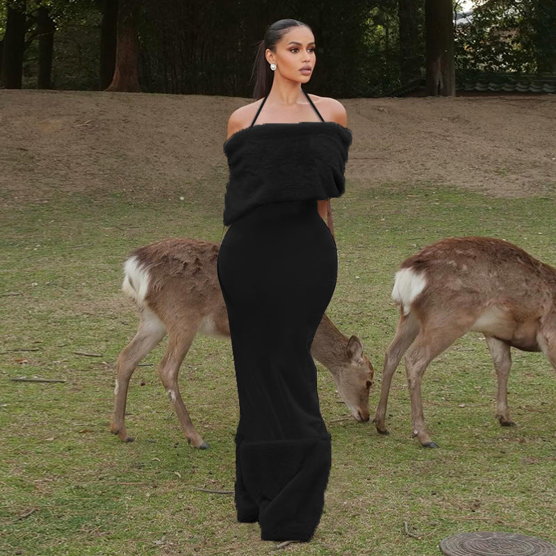 Damen elegantes Maxikleid mit trägerlosem Design und fließendem Stoff EB