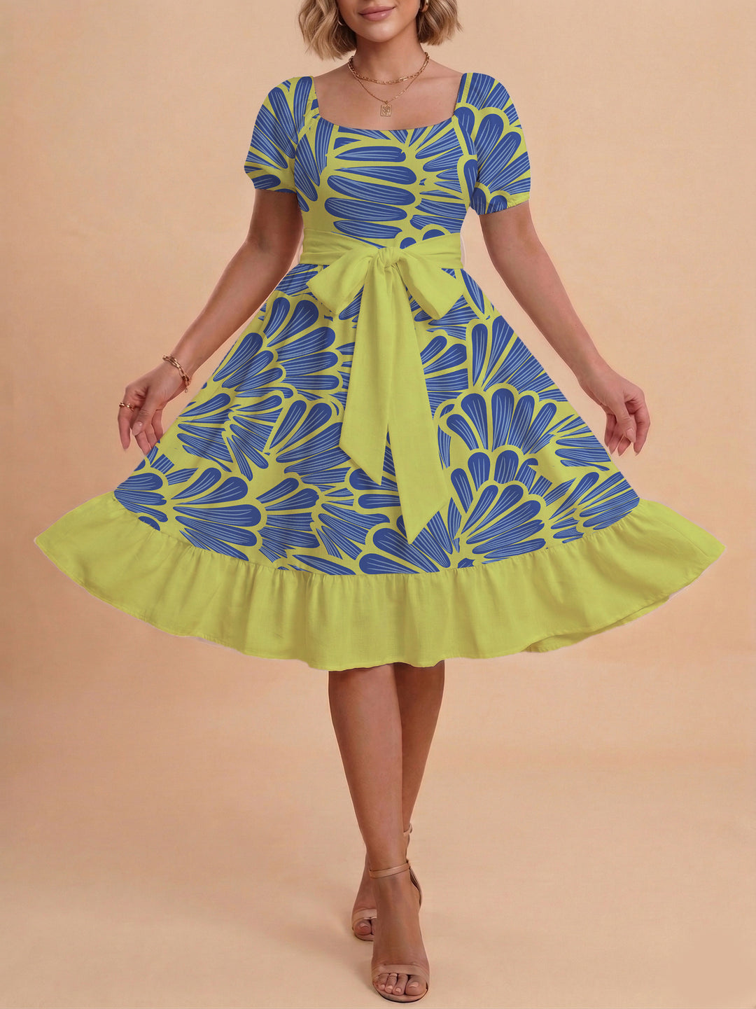 Damen A-Linien-Kleid mit floralen Motiven und taillierbarem Gürtel EB