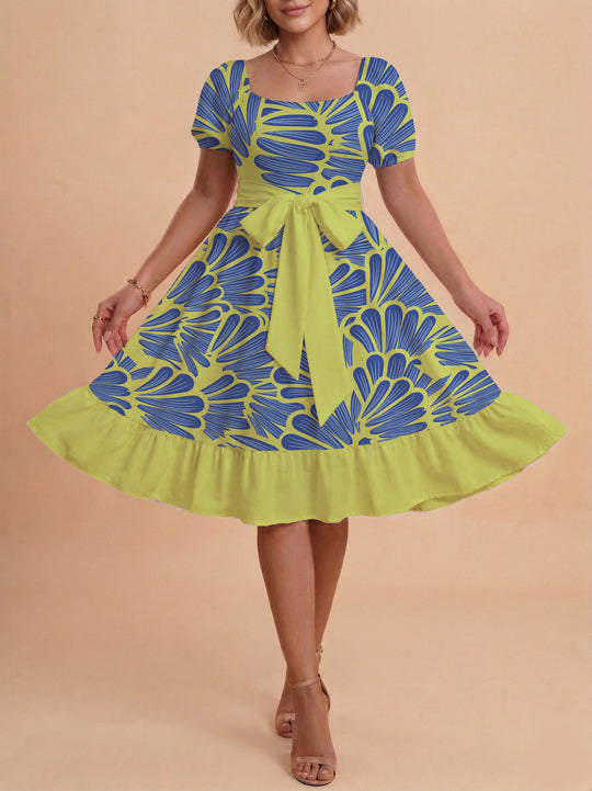 Damen A-Linien-Kleid mit floralen Motiven und taillierbarem Gürtel EB