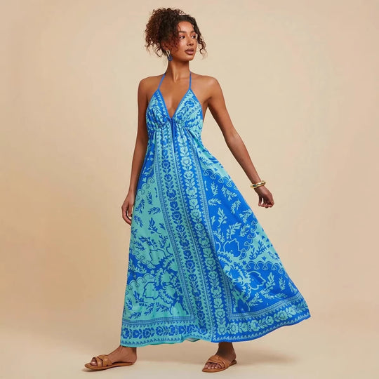 Damen Maxikleid mit tiefem V-Ausschnitt und floralen Musterdetails EB