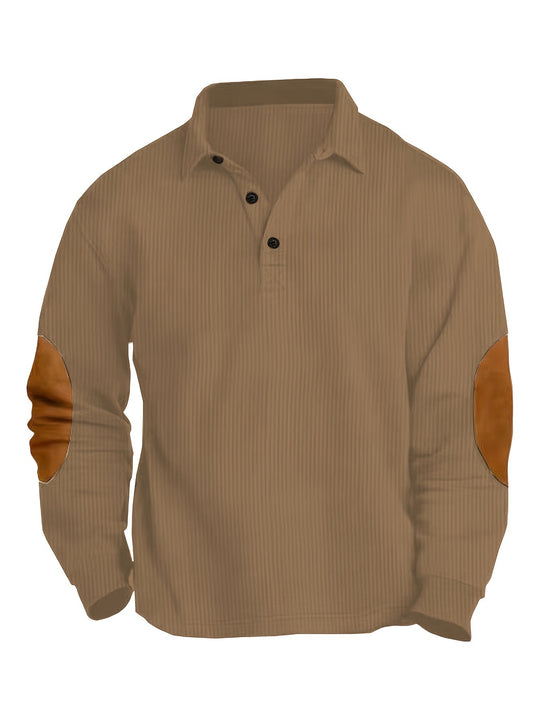 Herren nan legeres Langarm-Poloshirt mit Hemdkragen, kurzer Knopfleiste, feiner Struktur und Velours-Ellenbogenbesatz EB