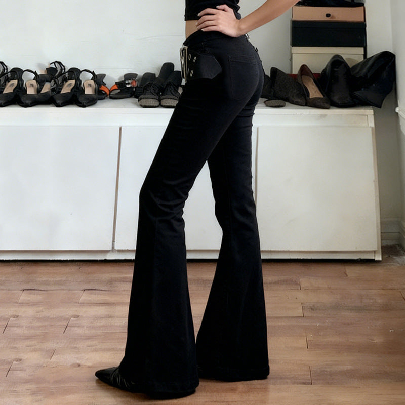 Damen Flared Jeans mit verstellbarem Gürtel und modischem Lochdesign EB