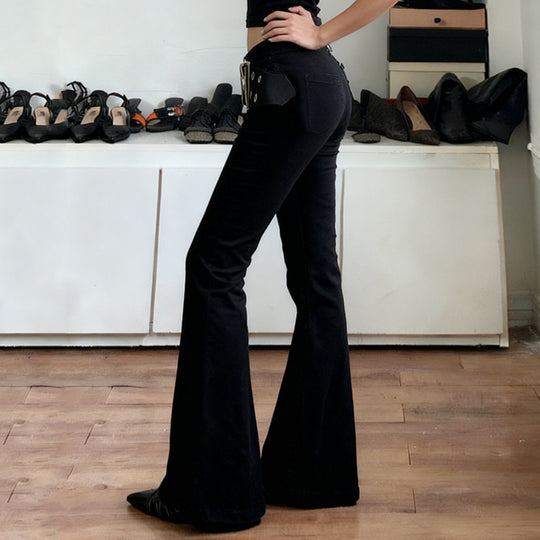 Damen Flared Jeans mit verstellbarem Gürtel und modischem Lochdesign EB