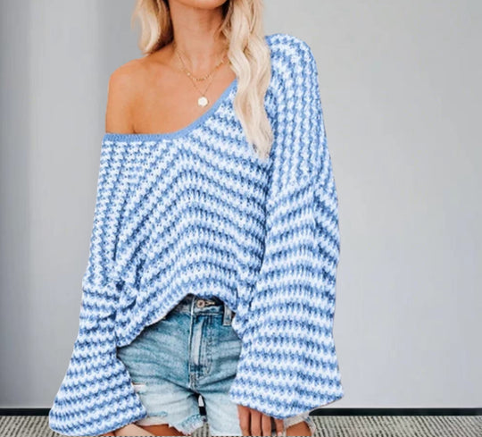 Damen Oversized Strickpullover mit off-Shoulder Design und modischem Rippenmuster EB