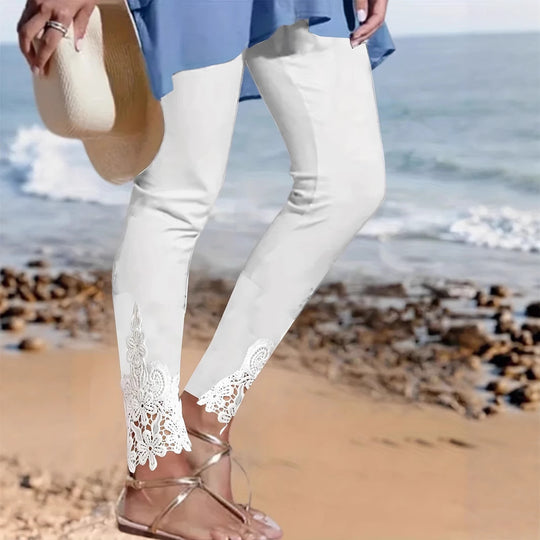 Damen Leggings mit spitzenbesetztem Saum und elastischem Bund EB