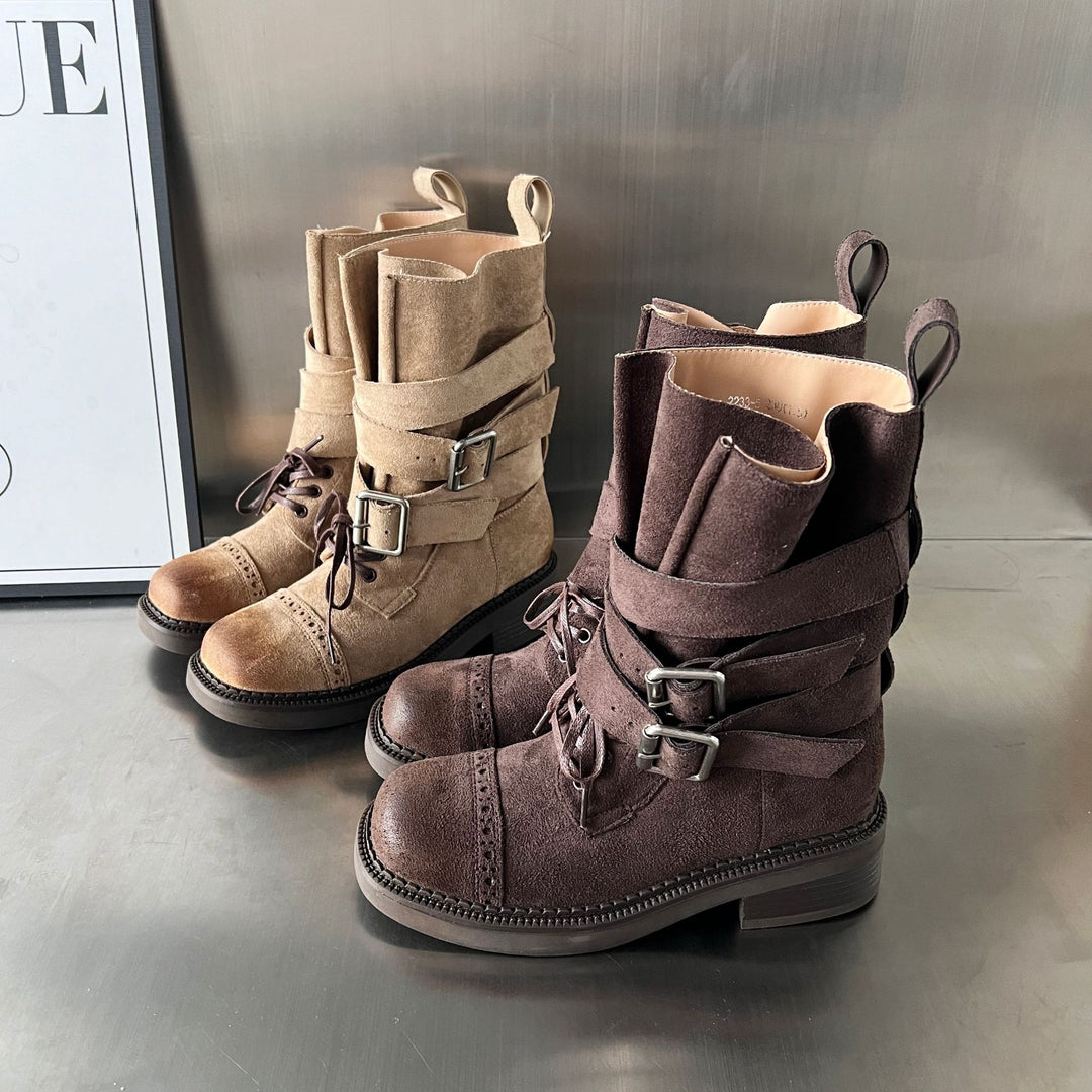 Damen elegante Stiefel mit modischen Schnallen und verstellbaren Riemen EB