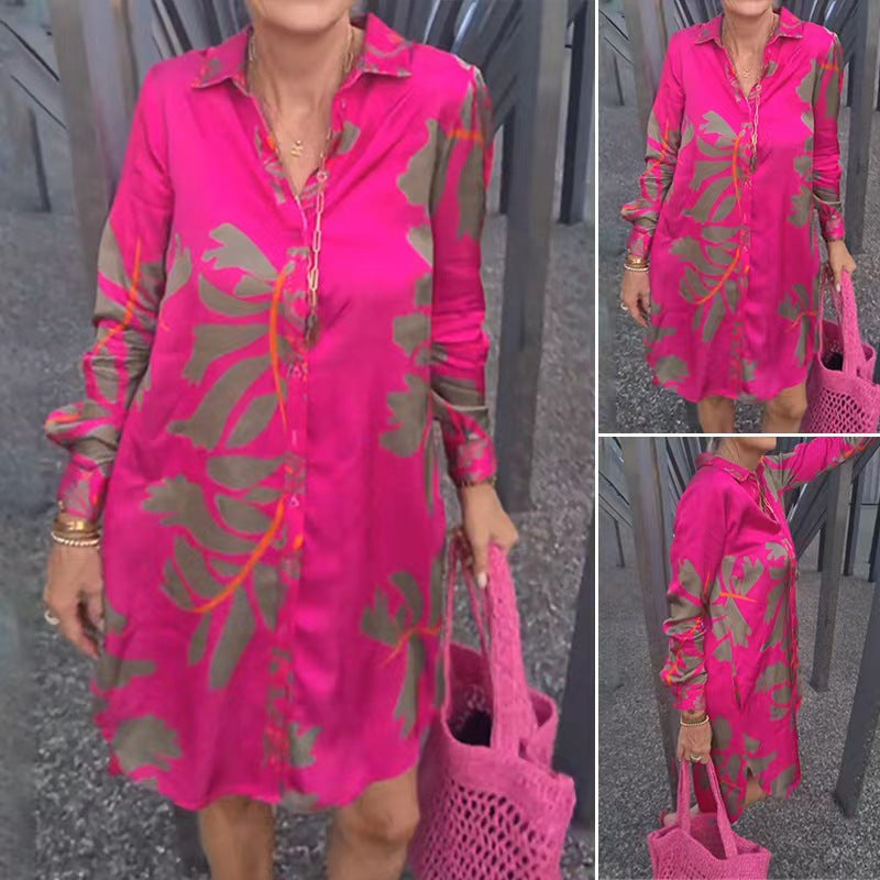 Damen nan knielanges Hemdblusenkleid mit durchgehender Knopfleiste, Kentkragen, Manschetten und lockerer A-Linien-Silhouette EB