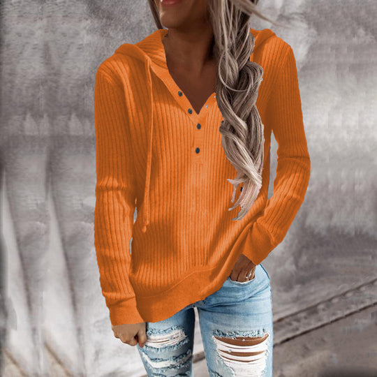Damen Kapuzenpullover mit feinem Rippstrick und Knopfleiste EB