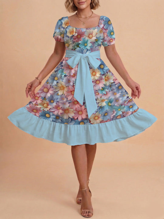Damen Midi Kleid mit elegantem Blumendruck und tailliertem Gürtel EB