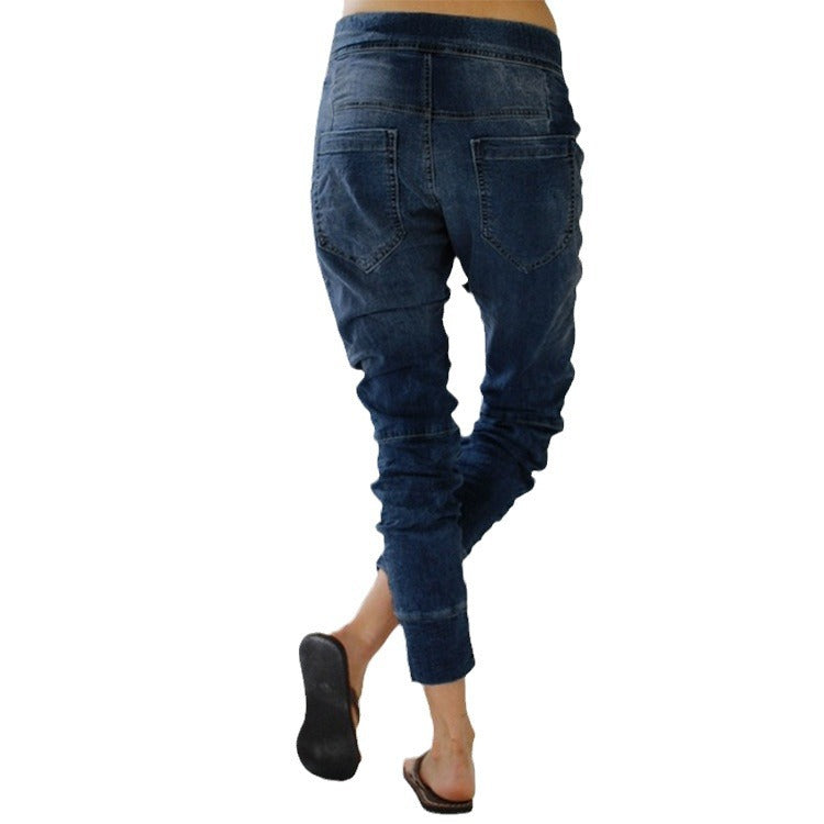 Damen lässige Denim-Haremshose mit Gummizug und tiefem Schritt EB
