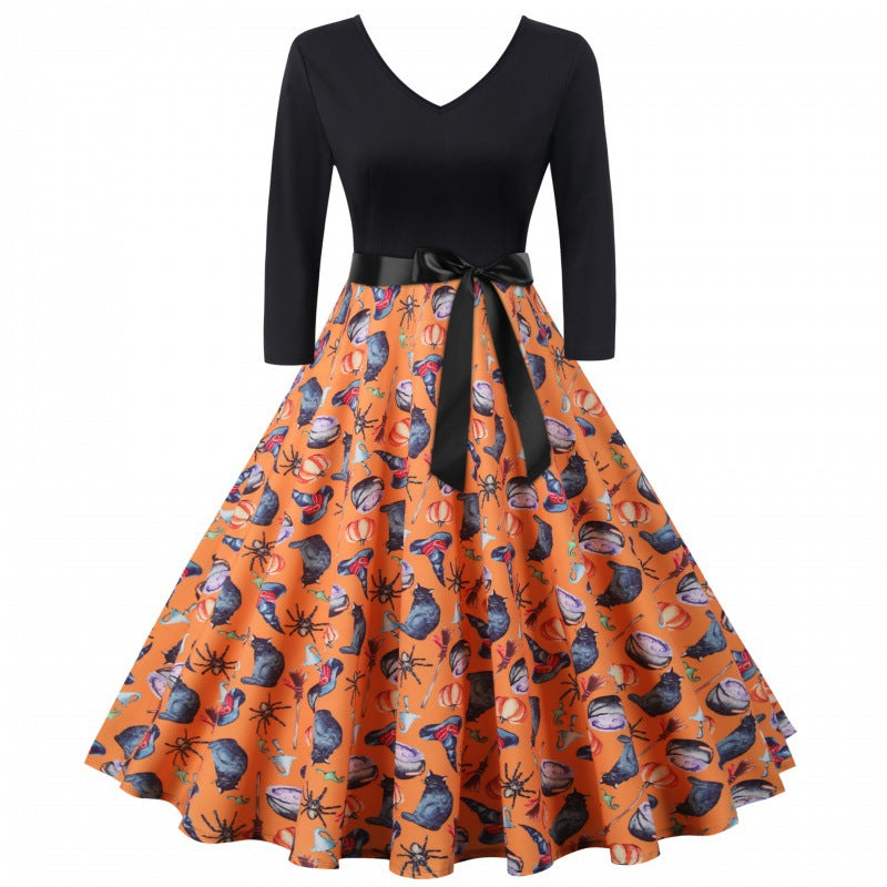 Damen Vintage-inspiriertes Swingkleid mit V-Ausschnitt, Dreiviertelärmeln und voluminösem Tellerrock EB