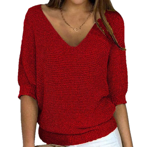Damen nan lässiger Strickpullover mit V-Ausschnitt und Fledermausärmeln EB