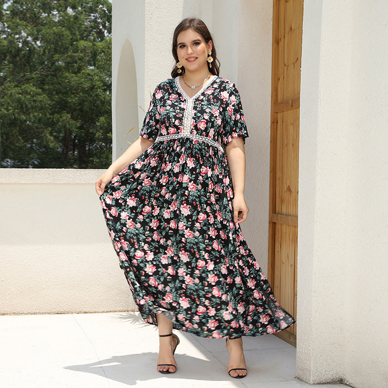 Damen Maxikleid mit floralem Design und V-Ausschnitt EB