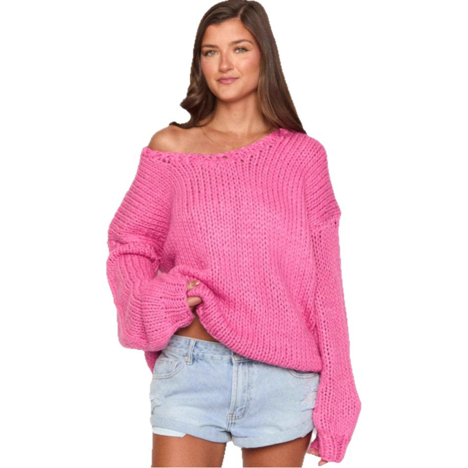 Damen oversized Strickpullover mit offenen Schultern und voluminösen Ärmeln EB