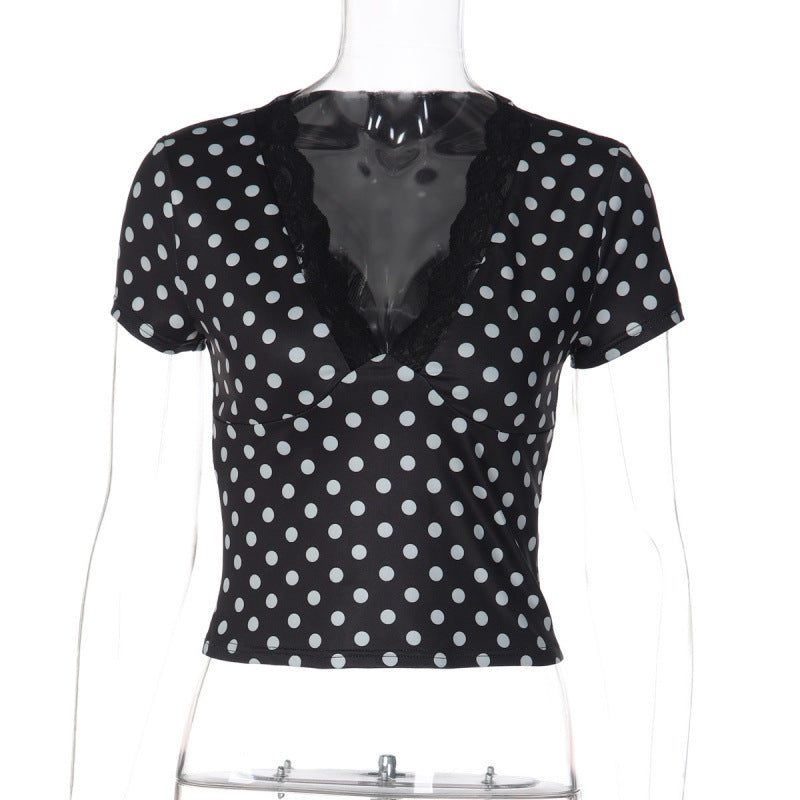 Damen Polka-Dot Top mit Spitzenakzenten und taillierter Passform EB