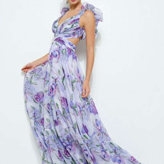 Damen Maxi-Kleid mit floralen Rüschen und schwingendem Design EB