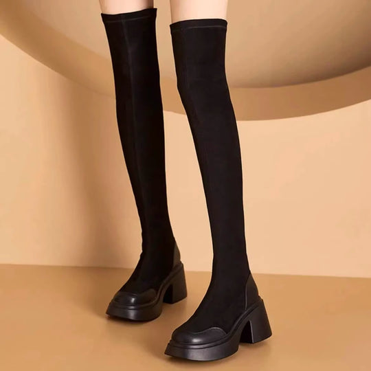 Damen Überknee-Stiefel mit modischem Blockabsatz EB