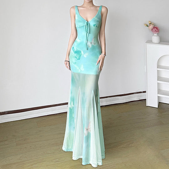 Damen Maxikleid mit transparenten Schichten und floralem Muster EB