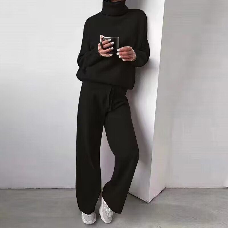 Damen kuscheliges Strick-Loungewear-Set mit weiten Hosen und elegantem Rundhalsausschnitt EB