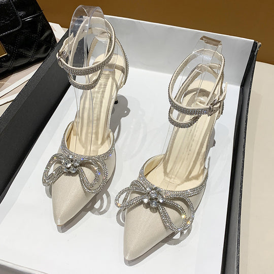 Damen nan spitze Riemchen-Pumps mit funkelnder Strass-Schleifenapplikation und verstellbarem Knöchelriemen EB